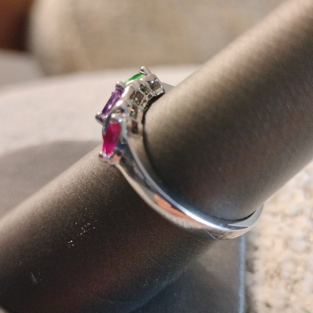 Silvertone Multi Colored Ring Marked Ac Trademark… - image 3